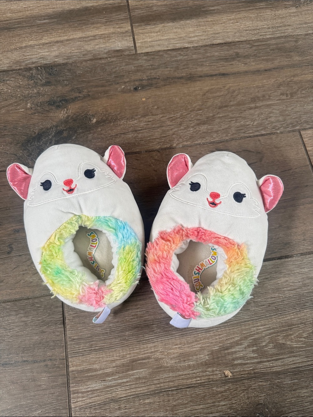 Squishmallows Plush Lamb Rainbow Trim Kids Slippers - White